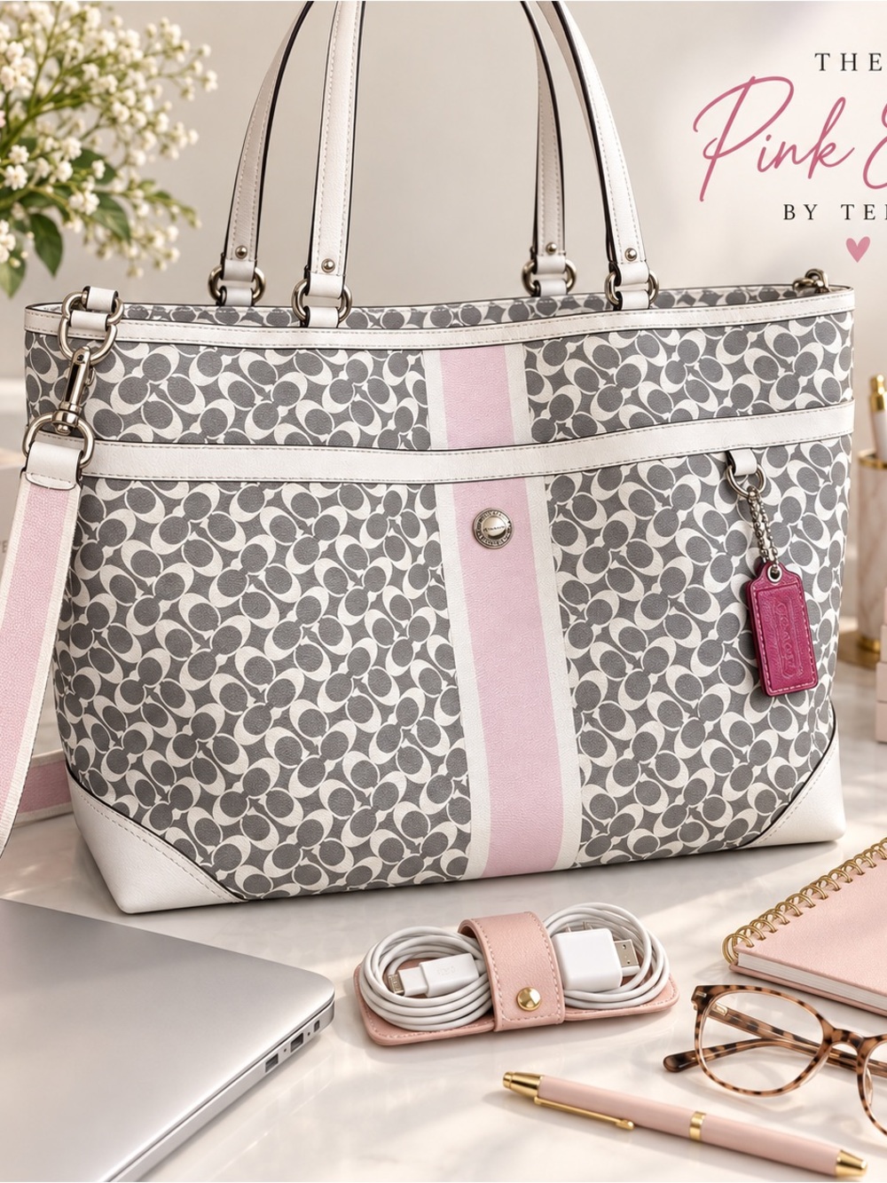 Coach Signature Pink Laptop Work Teacher Travel Tote Bag/Diaper Bag